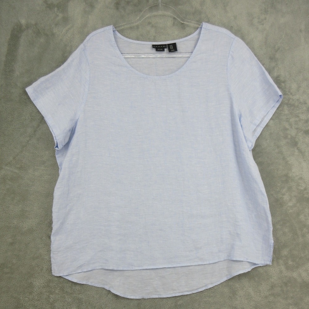 Tahari Top Womens Size 1X Linen Scoop Neck Coastal Minimalist Quiet Luxury Blue